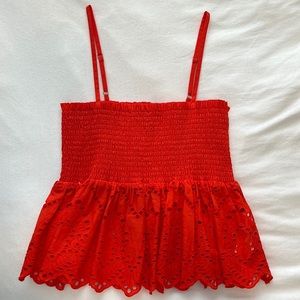 Red Smocked Eyelet Top
